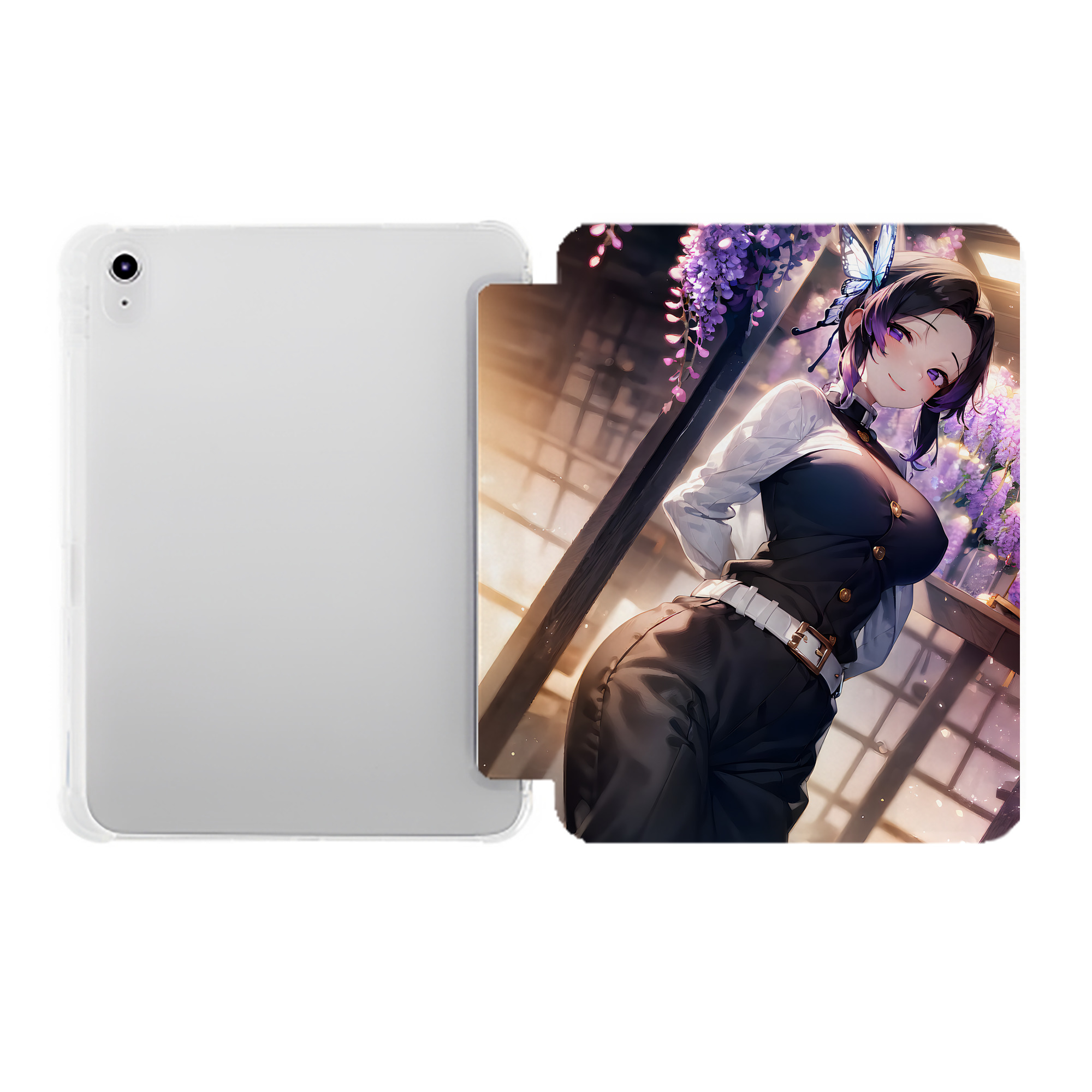 （画像用） 鬼滅の刃（きめつのやいば）蟲柱-胡蝶 しのぶ／こちょう しのぶ Kochou Shinobu IPad ケース ペン収納付き 三つ折りスタンド PUレザー×シリコン 対応機種9.5/10.5/10.9インチ